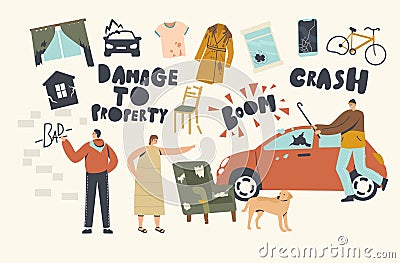 Damage to Property Concept. Looters Painting Walls, Crash Car Window for Fun, Angry Woman Scold Dog for Mess in Room Vector Illustration