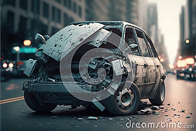 damage to wrecked car on road in city car accident Stock Photo