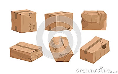 Damaged box. Cartoon broken package. Ripped and wet shipping cardboard packaging. Cargo and mail parcels set. Wrinkled Vector Illustration