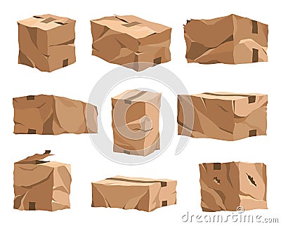 Damaged cardboard boxes. Crumpled brown bag for storage. Retail, logistics, delivery, storage concept. Cartoon broken Vector Illustration