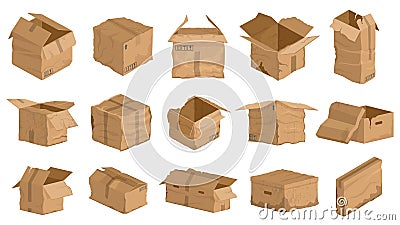 Damaged carton cardboard boxes, crumpled delivery package. Broken, wet, torn carton delivery boxes vector illustration Vector Illustration