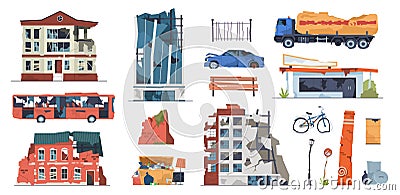 Damaged city objects. Collapsing urban buildings and transport, post apocalyptic destructions, war abandon houses Vector Illustration