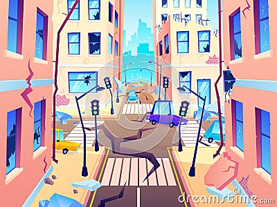 Damaged city street. Earthquake damage, cataclysm damages road destruction and destroyed urban crossroad cartoon vector Vector Illustration