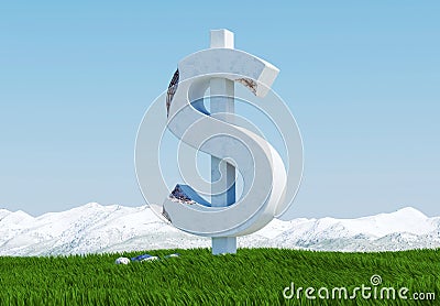 Damaged concrete dollar sign statue isolated on grass meadow with snowy mountain and blue sky as background Stock Photo