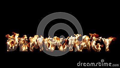 Damaged Democracy Word on Fire with Starting Flames on Black Stock Photo