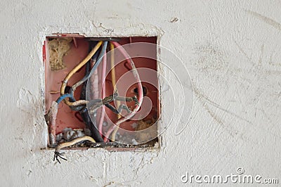 Damaged electrical cable wires. Connection rupture break, line repair Stock Photo