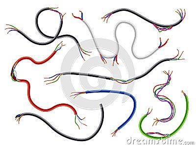 Damaged electrical cables. Realistic flexible broken wires. 3D cords with thin wiring. Various shapes and length pieces Vector Illustration