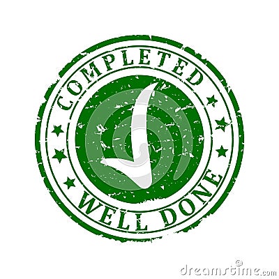 Damaged Green Stamp - completed, well done Vector Illustration