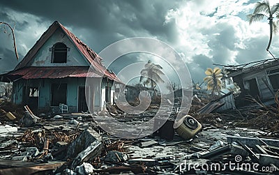 A damaged house amidst debris under a cloudy sky, depicting a scene of devastation and loss. Stock Photo