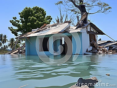 damaged house sinking in to the water in mangrove forest, collapsed old house in the water Stock Photo