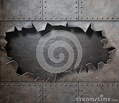 Damaged metal armor with torn hole steam punk Stock Photo