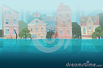 Damaged by natural disaster flood houses and trees partially submerged in the water in cartoon city concept. Storm city Vector Illustration