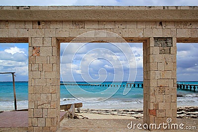 Damaged pier and beach after hurricane tropical Stock Photo