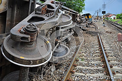 Damaged property of train and rails after train derailed Editorial Stock Photo