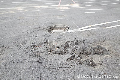 Damaged road. Deep crack on the asphalt Stock Photo