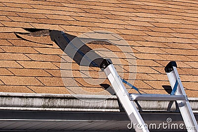 Damaged Roof Shingles Repair Stock Photo