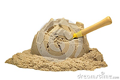 Damaged Sand Castle Tower And A Shovel Isolated On White Stock Photo