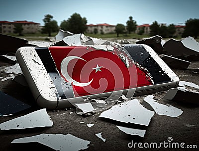 Damaged smartphone with national red Turkey flag on screen among ruined buildings by earthquake Stock Photo