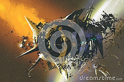 The damaged spaceship and dead astronaut floating in outer space Cartoon Illustration