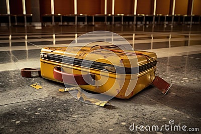 damaged suitcase on conveyor belt, handle broken Stock Photo