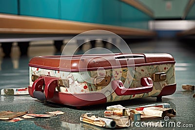 damaged suitcase on conveyor belt, handle broken Stock Photo