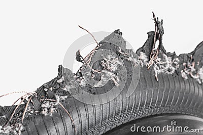 Damaged tire after tire explosion Stock Photo