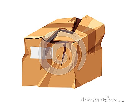 Damaged torn box. Rumpled spoiled delivery parcel, cardboard package. Crumpled carton pack, order. Cargo, violation of Vector Illustration