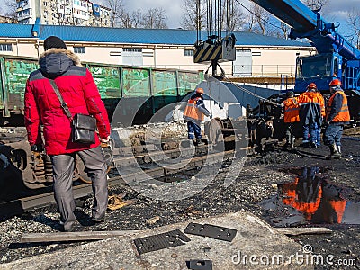 Damaged train cars, after the train went off the rails. Editorial Stock Photo