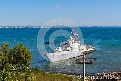 Damaged Ukrainian military boat in Feodosiya, Crimea Stock Photo