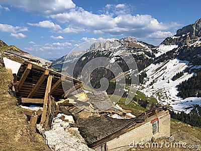 Damages to mountain farms caused by snowy avalanches in the Appenzellerland region SchÃ¤den durch verschneite Lawinen Stock Photo