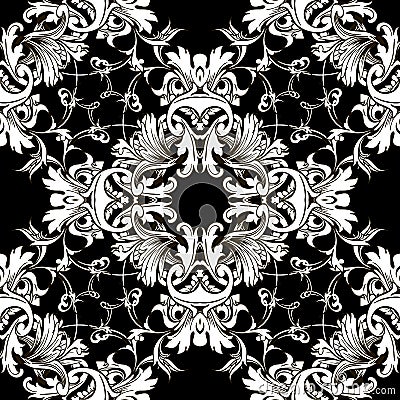 Damask Baroque black and white floral vector seamless pattern. Vector Illustration