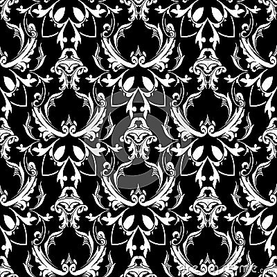 Damask baroque floral seamless pattern. Black white background w Vector Illustration