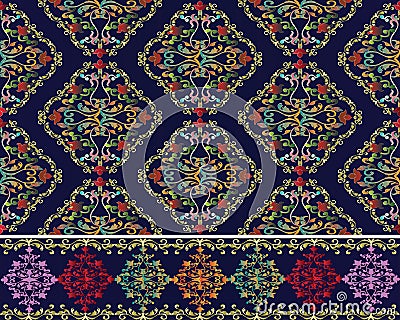 Damask Baroque seamless pattern and border. Set. Vector Illustration