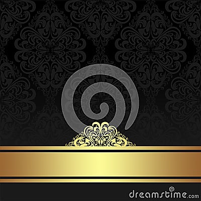 Damask black ornamental Background with golden Ribbon. Vector Illustration