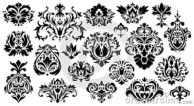 Damask floral ornament. Vintage rococo ornaments, baroque figured decorative elements vector illustration set. Abstract Vector Illustration