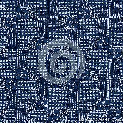 Damask motif sashiko stitch pattern. Japanese needlework seamless vector background. Hand drawn cross patch texture textile print Stock Photo
