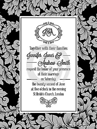Damask pattern design for wedding invitation in black and white. Brocade royal frame and exquisite monogram Vector Illustration