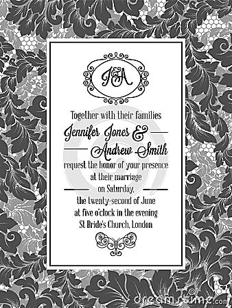 Damask pattern design for wedding invitation in black and white. Brocade royal frame and exquisite monogram Vector Illustration