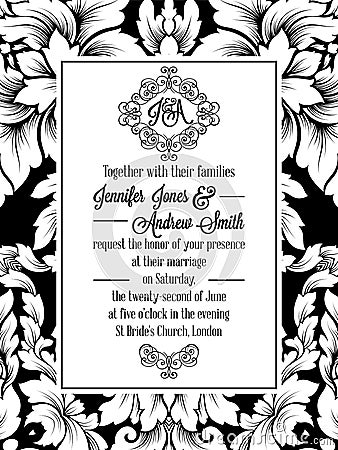 Damask pattern design for wedding invitation in black and white. Brocade royal frame and exquisite monogram Vector Illustration