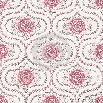 damask pattern with with pale pink vintage roses, leaves, pearl strings, pearls Vector Illustration