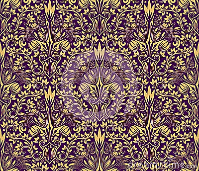 Damask seamless pattern repeating background. Yellow purple floral ornament in baroque style Vector Illustration