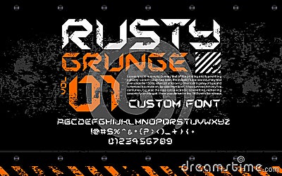 Damged font rusty metal spacesip industrial techno & texture, circuits style design Stock Photo