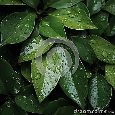 Damp and slick texture wet leaves with water droplets background Stock Photo