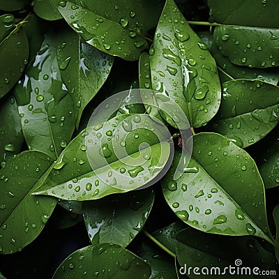 Damp and slick texture wet leaves with water droplets background Stock Photo