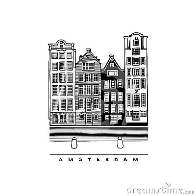 Damrak Avenue, Amsterdam, Netherlands. Collection of urban sketches. Vector Illustration