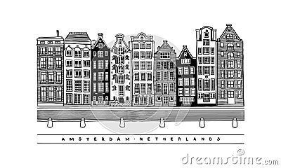 Damrak Avenue. Central street, houses and canals of Amsterdam, Netherlands. European city. Vector illustration. Vector Illustration