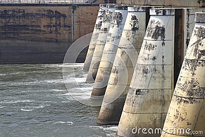 Dams are released for agriculture. Watergate and discharge. Stock Photo