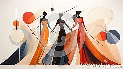 Dance of the Geometric Veil. Artistic Shapes Create a Mirage Around the Fluidity of Dancers Stock Photo