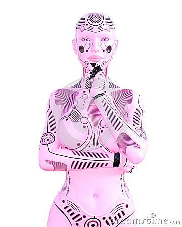 Dance gymnast robot woman. Metal pink droid. Cartoon Illustration