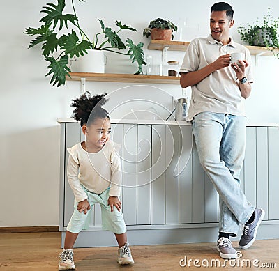 Dance, happy and father with child bonding, playing and laughing together in the morning. Comic, funny and carefree girl Stock Photo